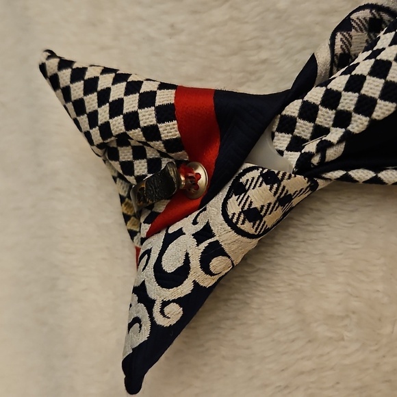 Vtg WEMBLEY MCM Red White and Blue Check Striped Wide Clip-on Tie - Picture 7 of 10